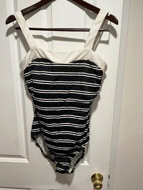 One piece swim suit, black/white striped, size 14, INC intl. concepts